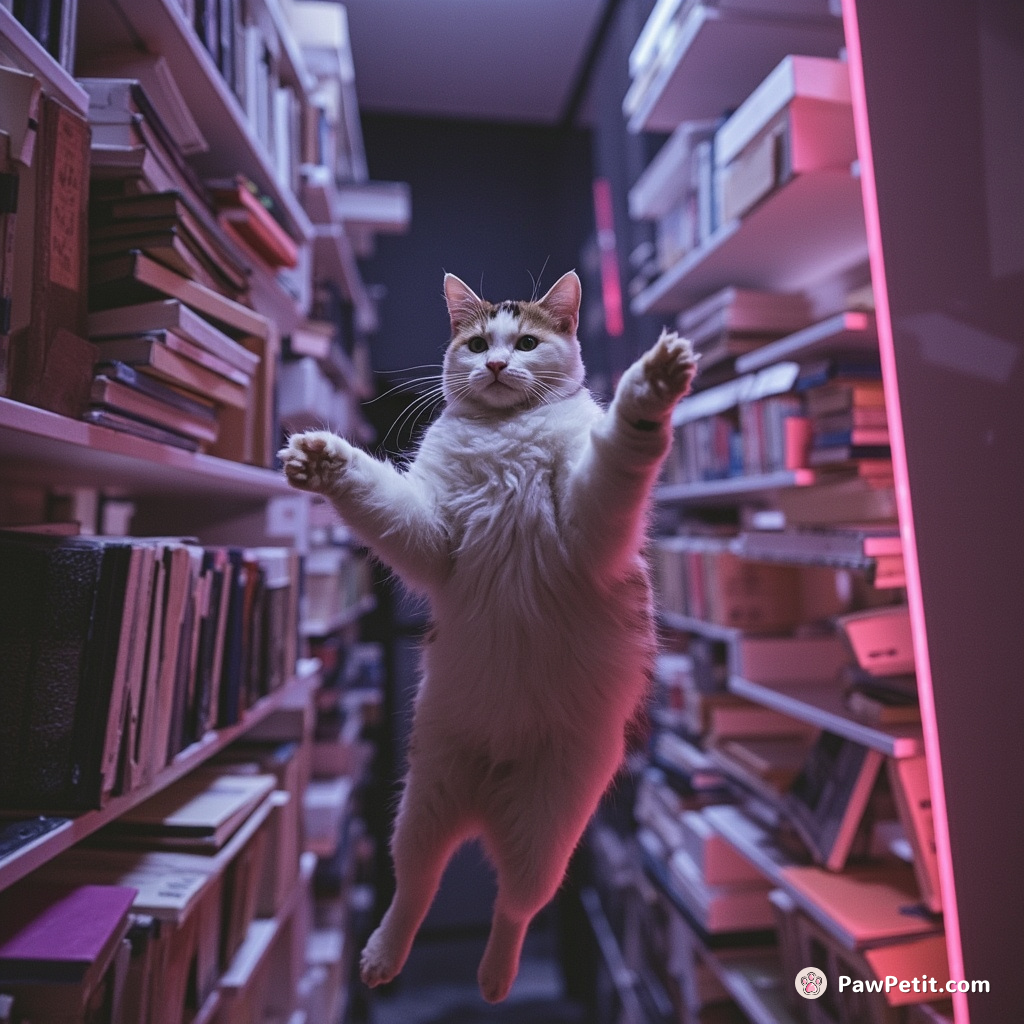 Cat floating in a zero-gravity library, batting at passing nebula-colored books.