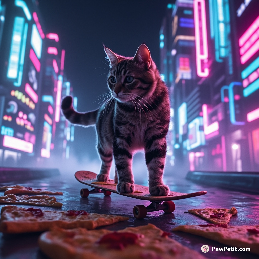 A cat skateboarding on pizza slices through a glowing neon city under the ocean.