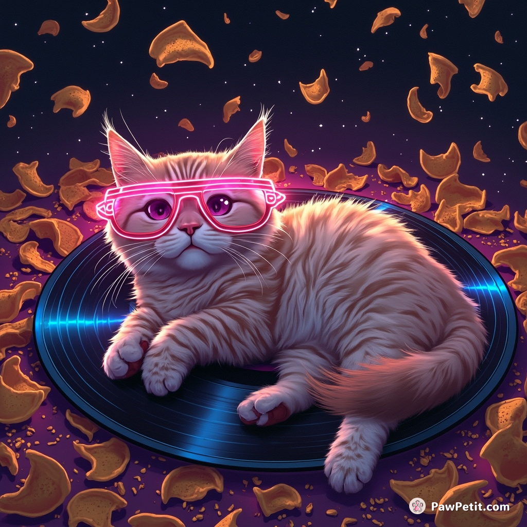 Cat sprawled majestically on spinning vinyl record, wearing neon disco glasses in a shower of space nachos.