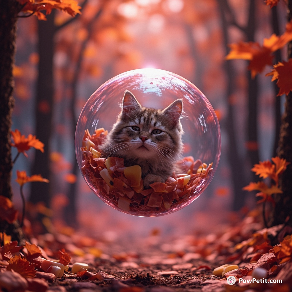 A cat happily floating inside a soap bubble through a candy corn-shaped forest with bacon leaves.