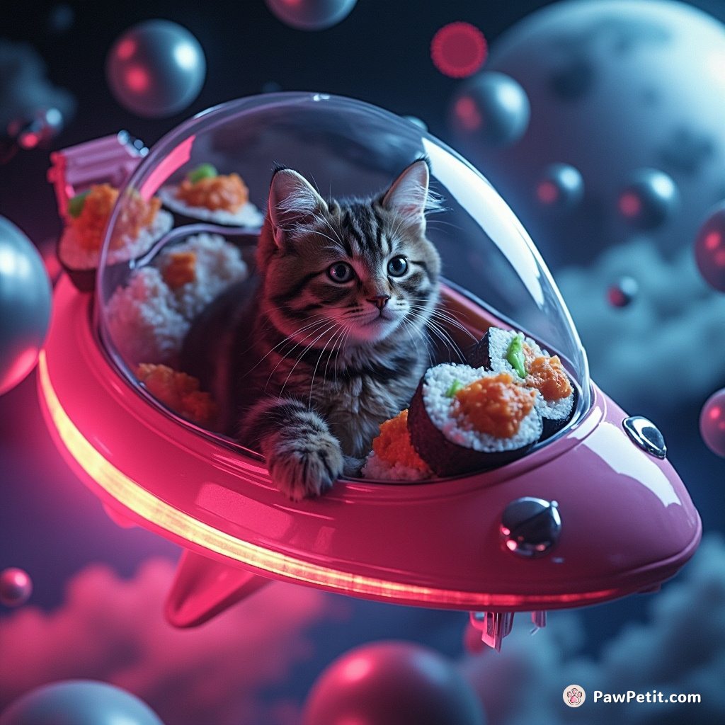 A cat flying a spaceship with sushi rolls, surrounded by neon disco balls.