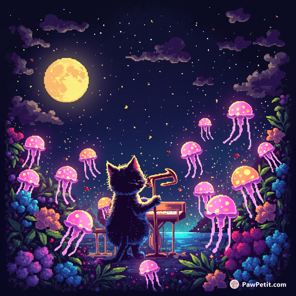 A sole cat conducting an orchestra of neon jellyfish under a lemon-drop moon.