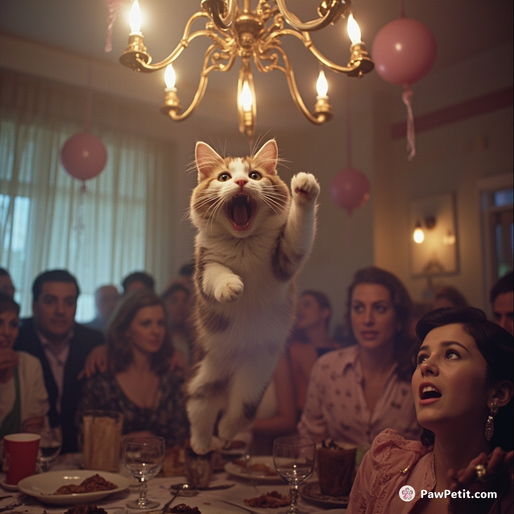 In the chaos of a surprise birthday party, Mittens, the cat frightfully scurries up onto the chandelier.