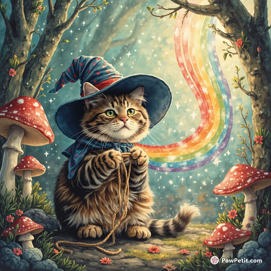 A bewitched tabby cat happily knitting an otherworldly rainbow from tricky tangible dreams in a shimmering mushroom forest.