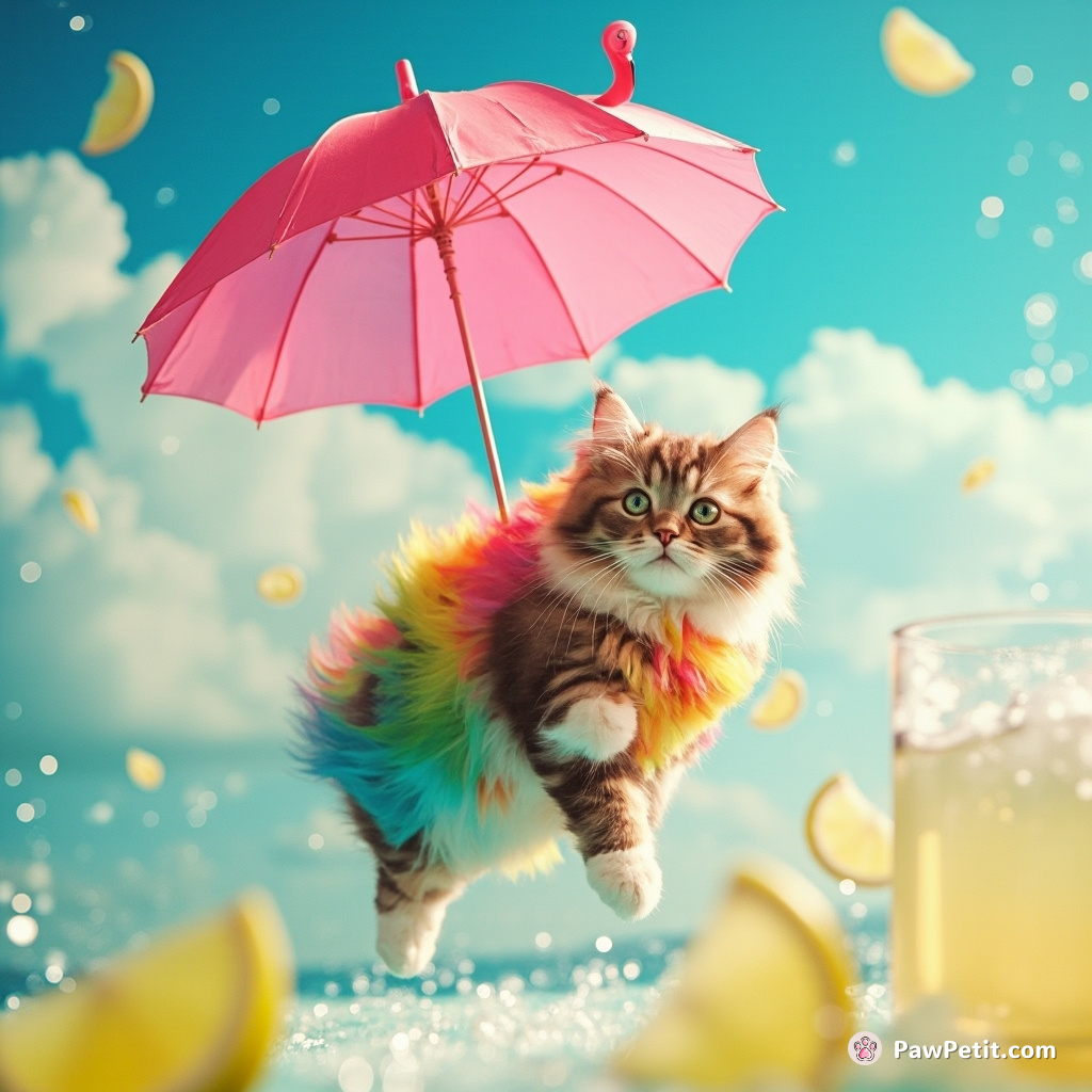 A rainbow-colored cat skydiving with a flamingo-shaped umbrella over an ocean of raspberry lemonade.