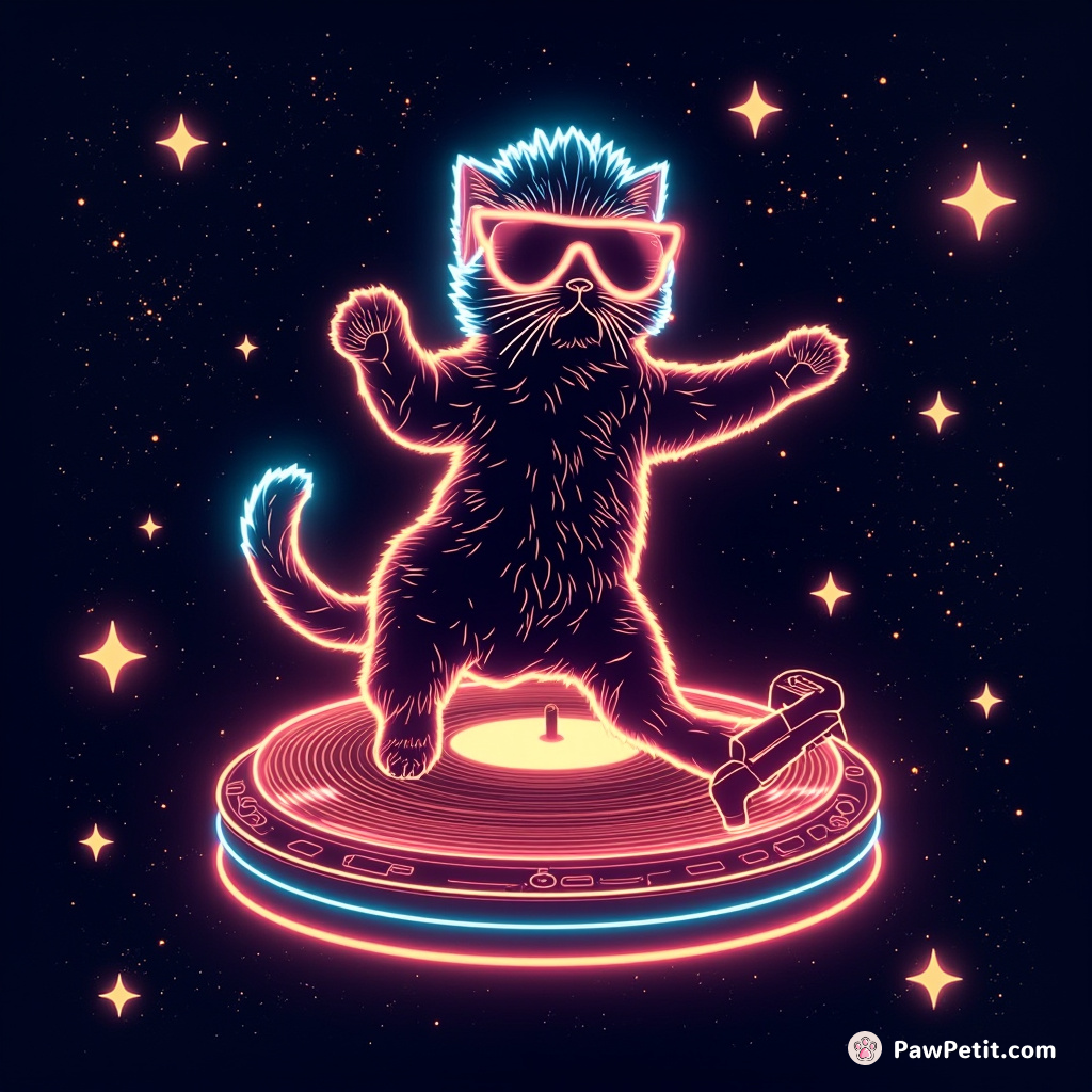 A neon, disco-dancing cat on a gigantic shimmering record-player in space with an afro wig and starred sunglasses surrounded by shooting stars.