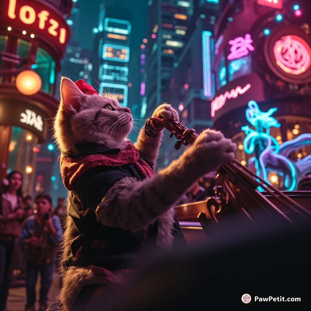 Cat orchestrating a symphony for neon-coloured griffins in the floating jazz cafe of a steampunk city.