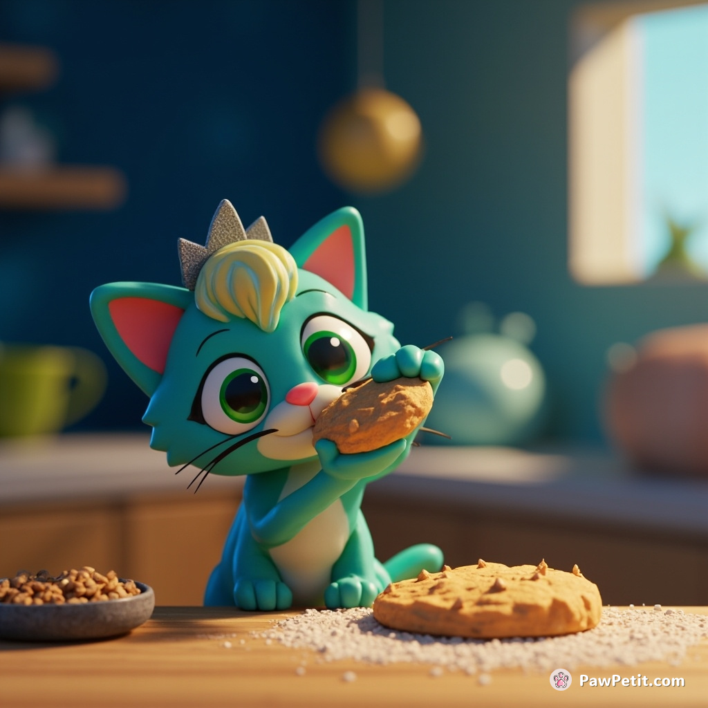 A teal tabby cat baking a cookie moon with stardust sprinkles in its gravity-defying galactic kitchen.