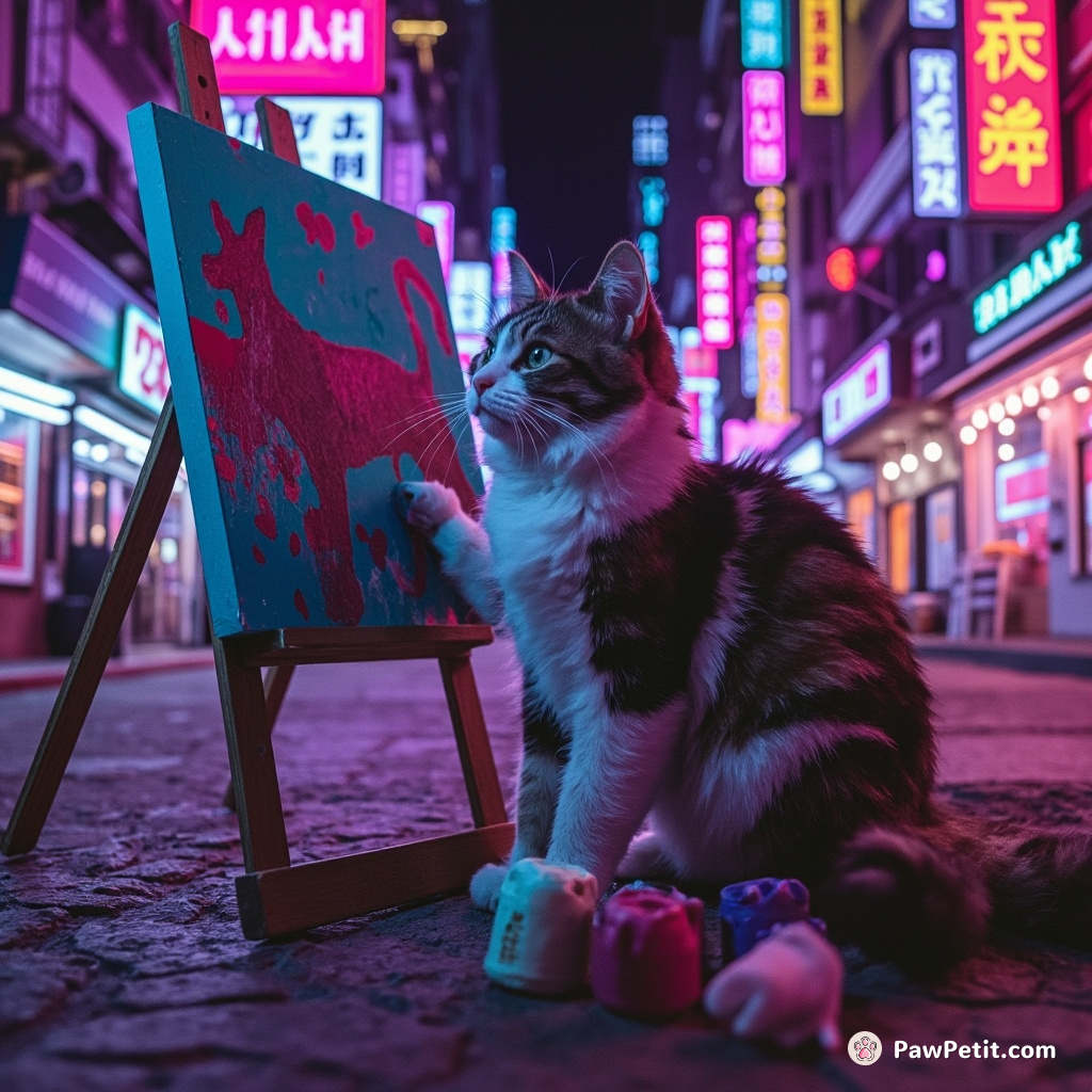 Neon-lit cityscape where a calico cat paints graffiti art of dogs with its tail dipped in paint pots.