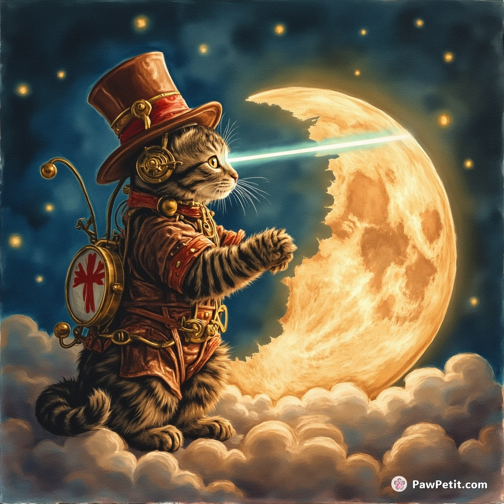 A chocolate-loving, steampunk kitty etching a Barbadian flag onto the moon using lasers shooting out of its eyes.