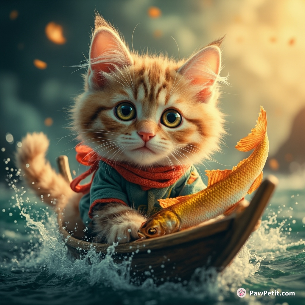In Fetching Fishes, Paws the cat sailed across seven sauceries, ultimately rescuing the enchanted golden herring from a fiery dragon.