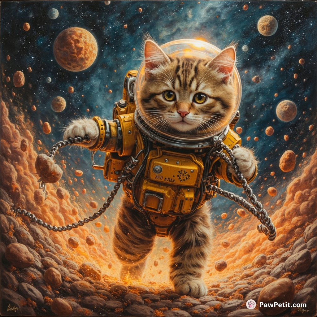 Astro-kitty extinguishes stellar reactor meltdown, claw-evading human engineered nucleobot incursion millones in cosmic kitty-litter minefield.
