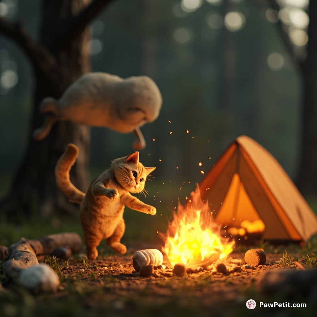 Cat misunderstands camping: s'mores ablaze, roasts tail instead of marshmallow, tree leaps followed by failed tent re-ascension.