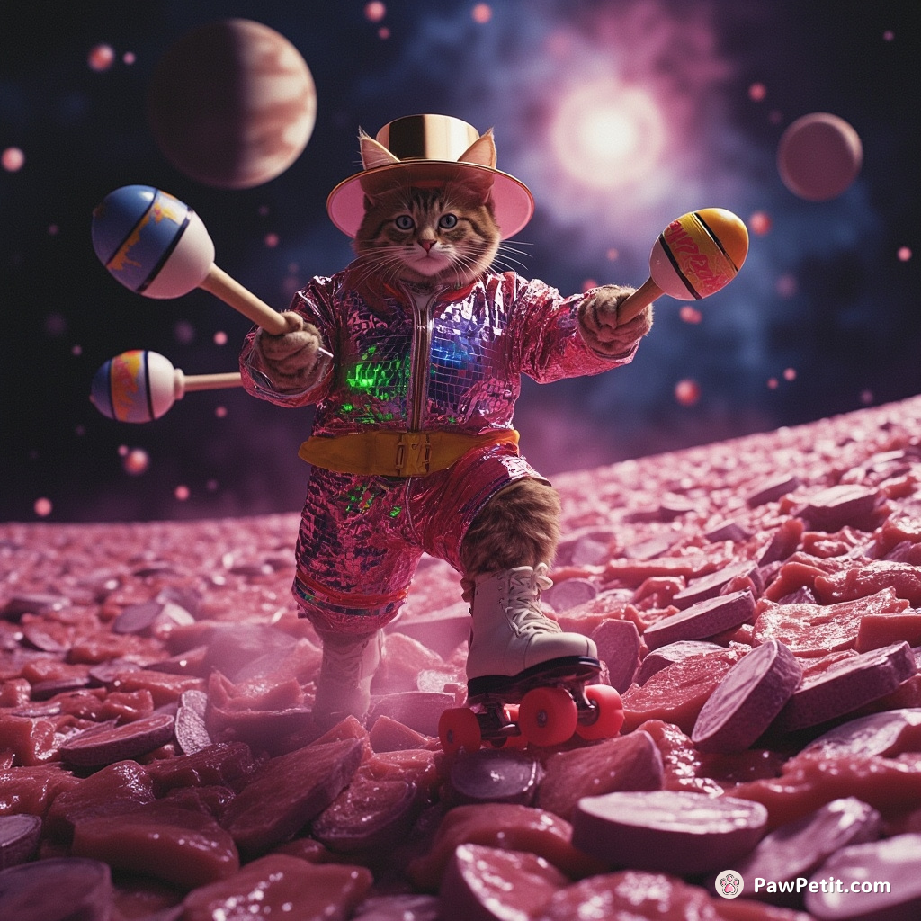 A sizzling disco cat on roller skates playing an oversized maracas in a galactic sea of tuna.