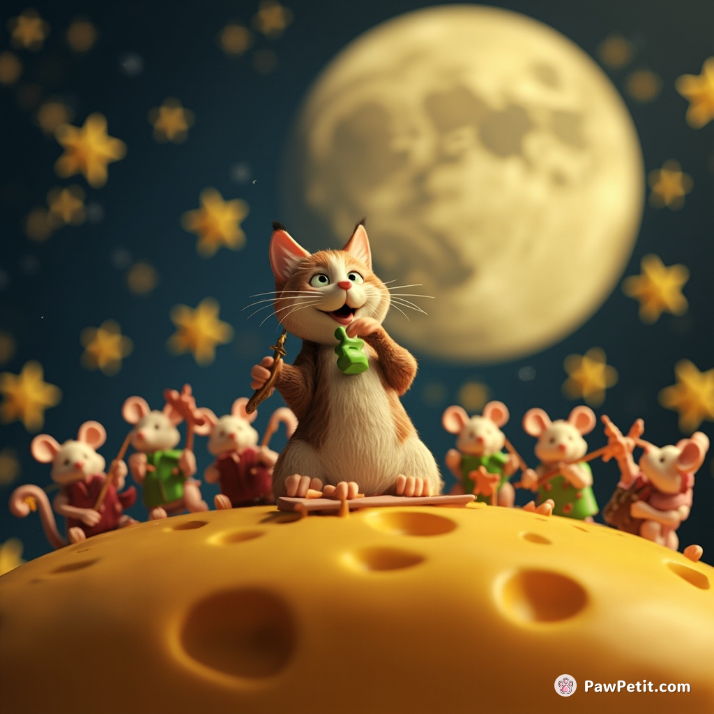 Cat conducting a symphony orchestra of mice from atop a cheese moon.