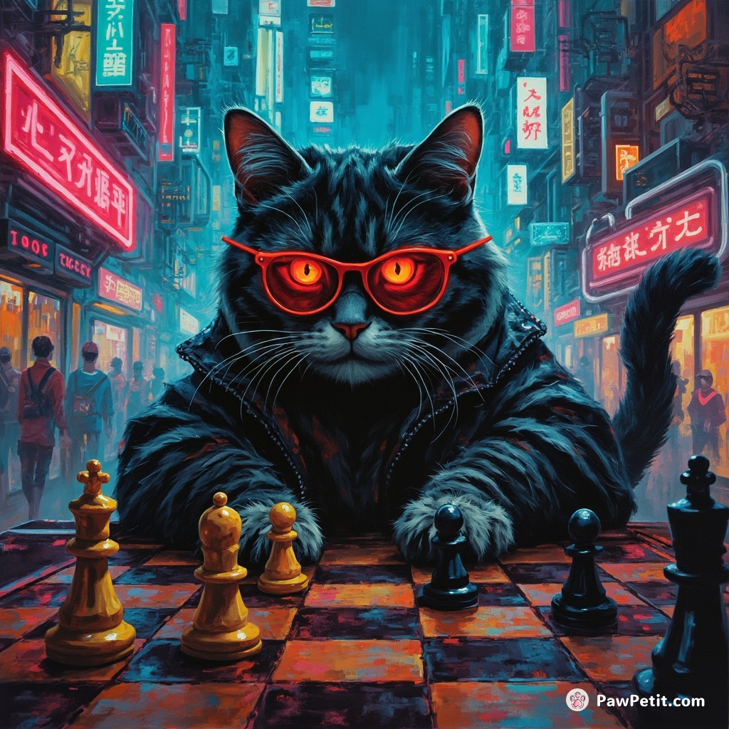 Cyberpunk cat hustling chess in dystopian future metropolis neon glow.