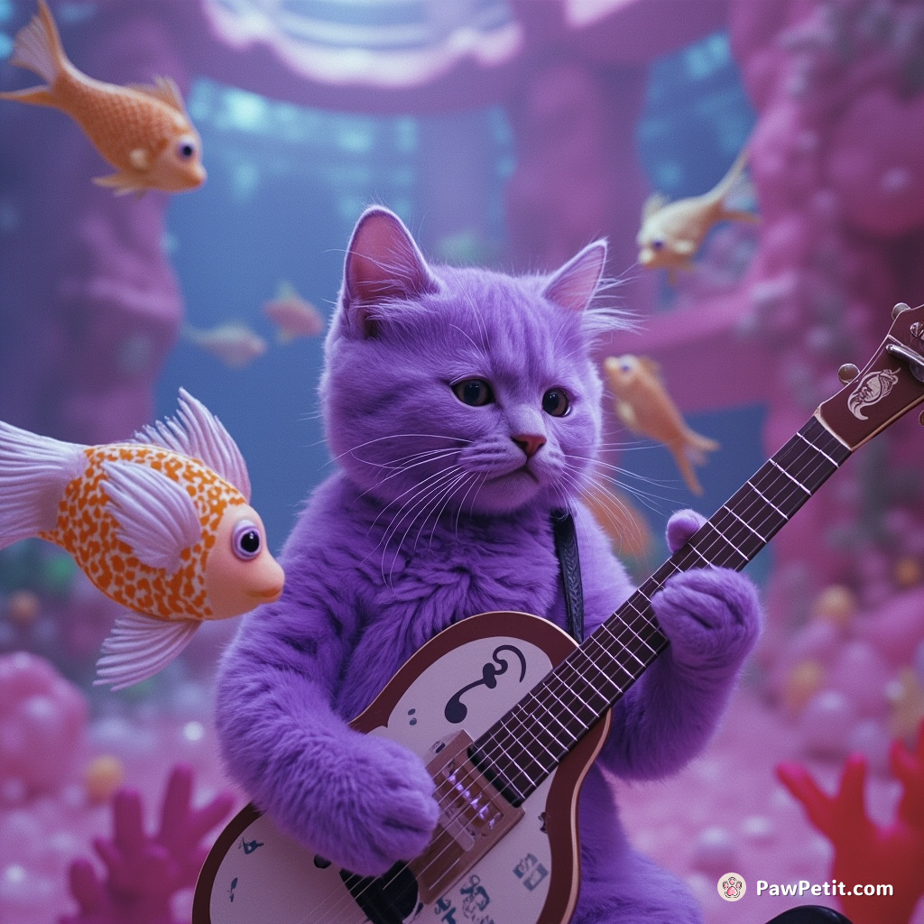 A purple cat conducting an orchestra of multicolored fish in a bubblegum castle underwater