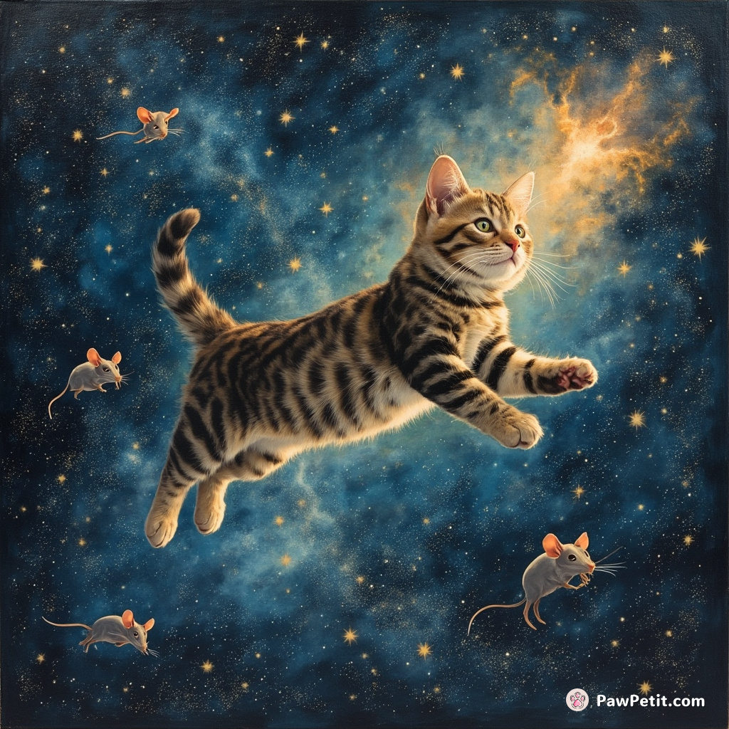 In this otherworldly realm, the virtual feline leaps effortlessly across shimmering constellations, chasing elusive digital mice among starlit nebulae.