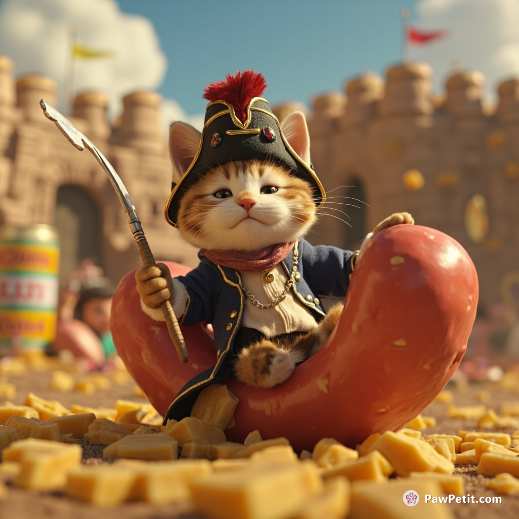 Napoleonically dressed cat strategically planning a cheese attack on a fort made of tuna cans while riding a magic jellybean.