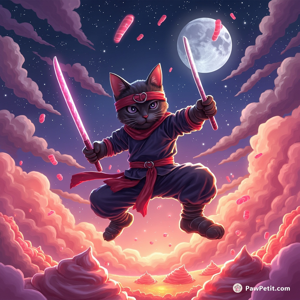 Ninja cat wielding three candy cane swords while leaping across lava hot tapioca puddings under a multi-mooned neon sky.