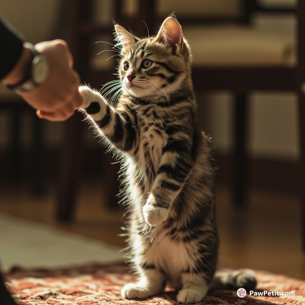The cat, insistently upright, balanced on its rear legs, engaged in an ambitious attempt at mimicking a handshake.