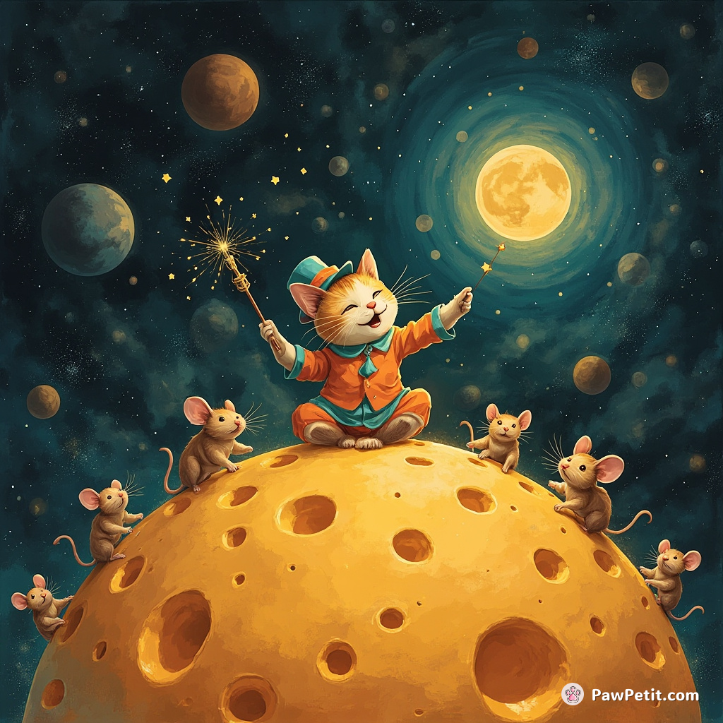 A cat conducting a symphony of mice with a magic wand on top of a giant cheese ball in outer space.