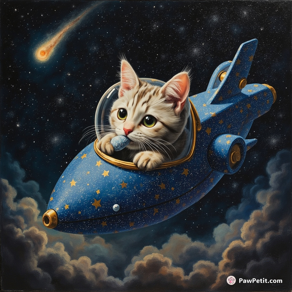 A spaceship-shaped cat made of star-studded galaxies nibbling on a fish-shaped comet amid the cosmos.