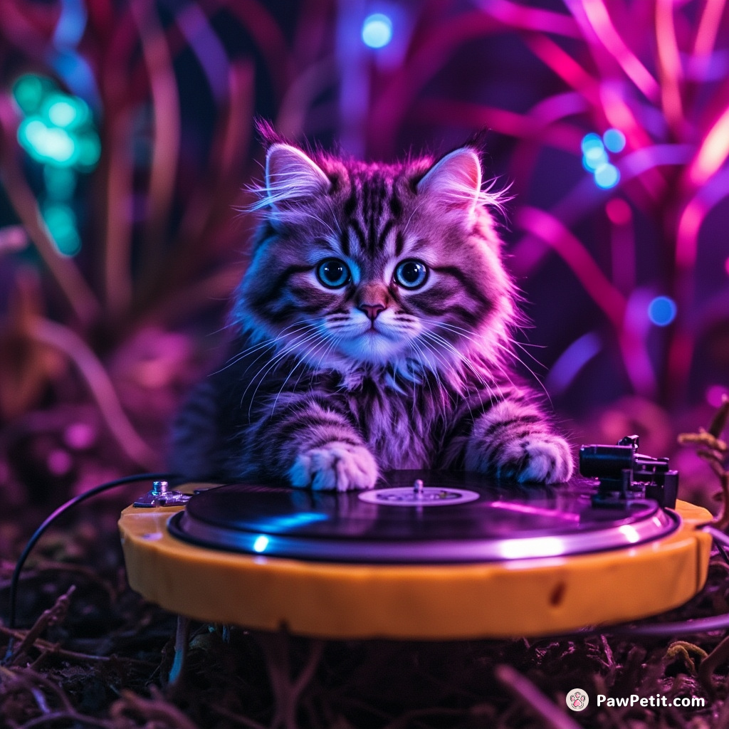 A neon purple, intergalactic cat DJ, dropping sick beats on a floating turntable made of cheese, in the heart of an exotic alien jungle.