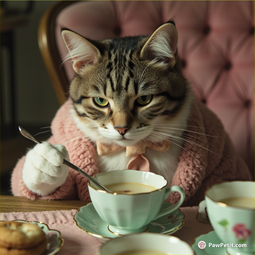 The self-important cat ceremoniously stirred its milk dish with a spoon, mimicking afternoon tea rituals.