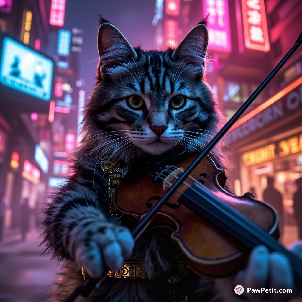 Steampunk cat playing a violin made of twilight in an upside-down clockwork city.