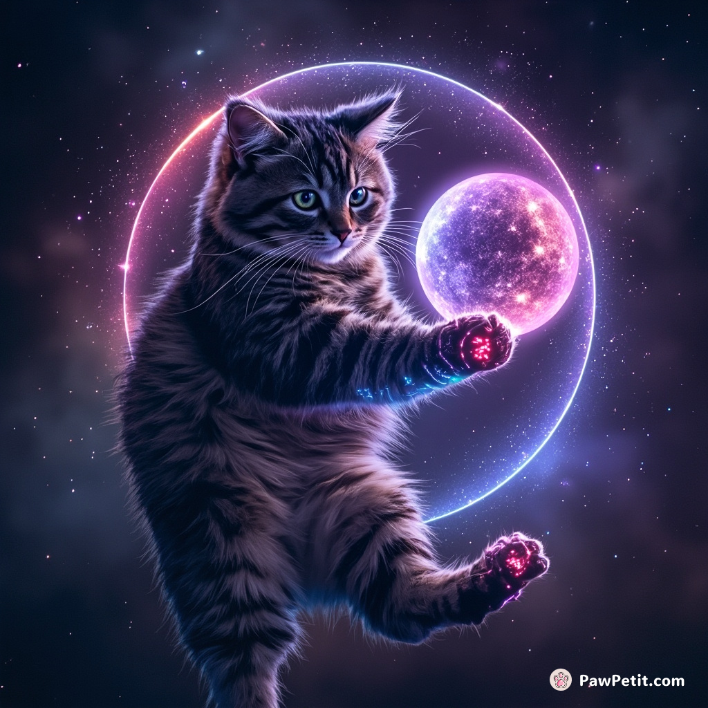 A majestic cybernetic cat assembling a galaxy with its holographic paws in zero gravity.