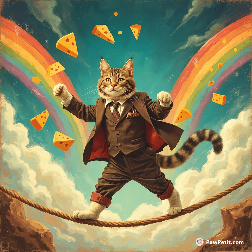 Aptly dressed cat walking on a tightrope between two oversaturated rainbows, juggling assorted cheese wedges with its tail.