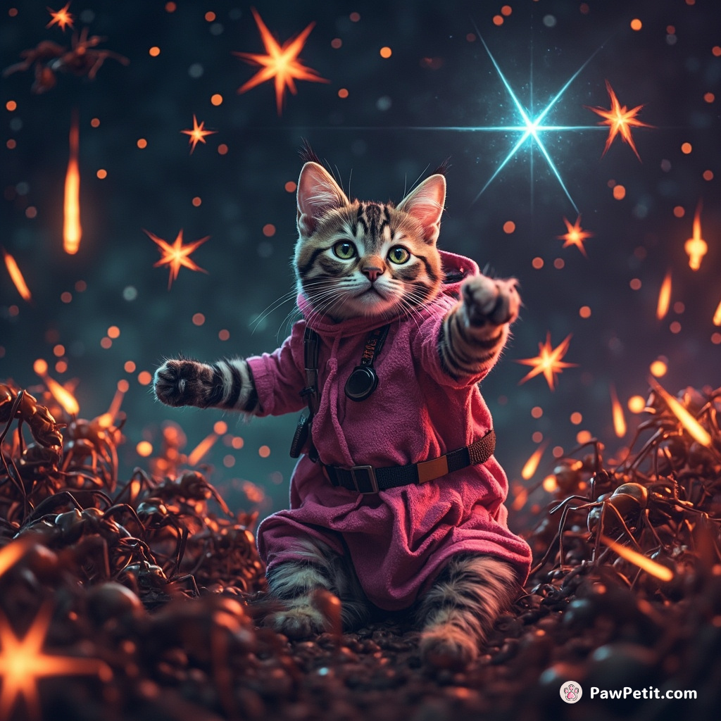 Cat conducting a symphony of fire-breathing ants in outer space, all while juggling bright shooting stars.