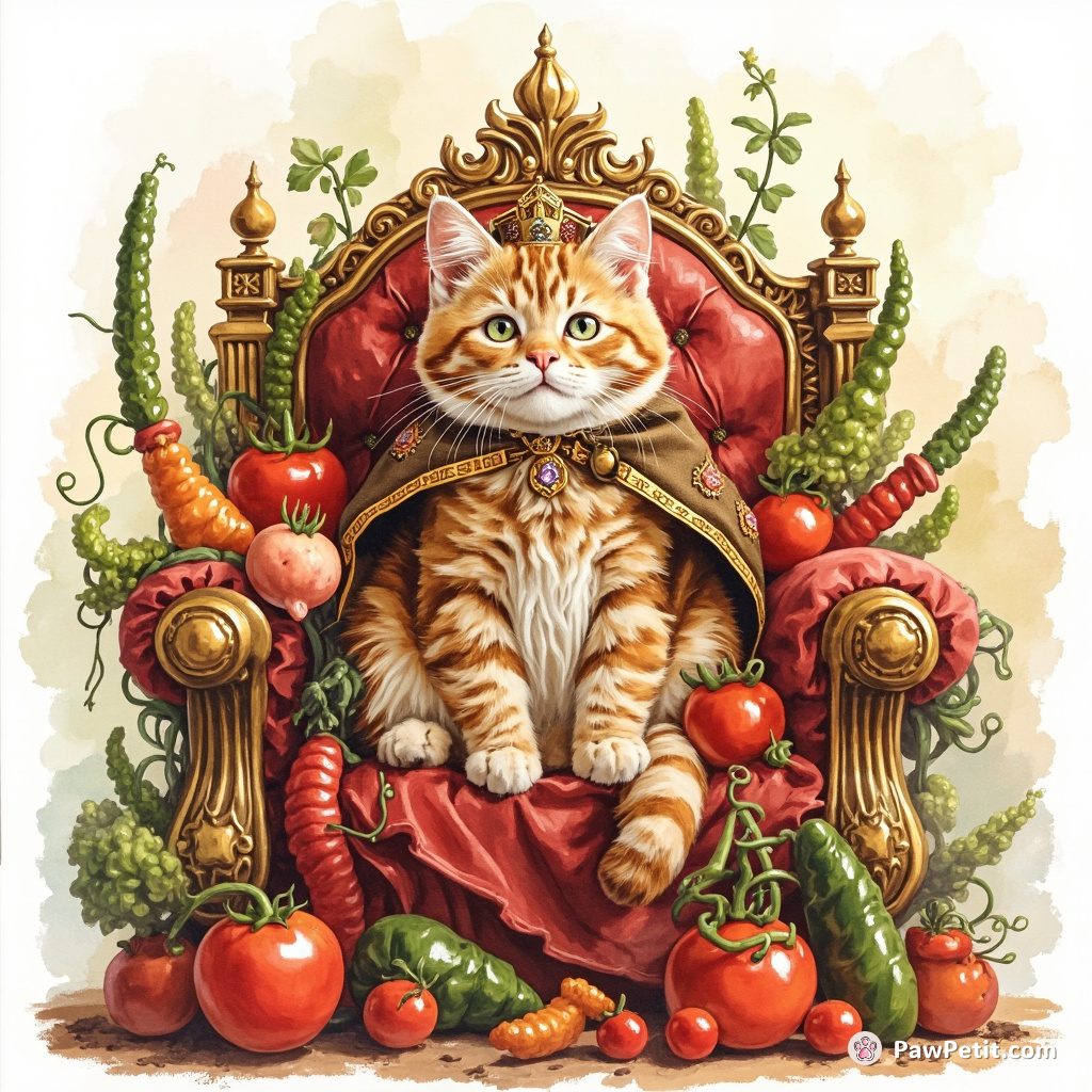 A cat proudly ruling a kingdom of sentient vegetables in a lavish tomato throne.