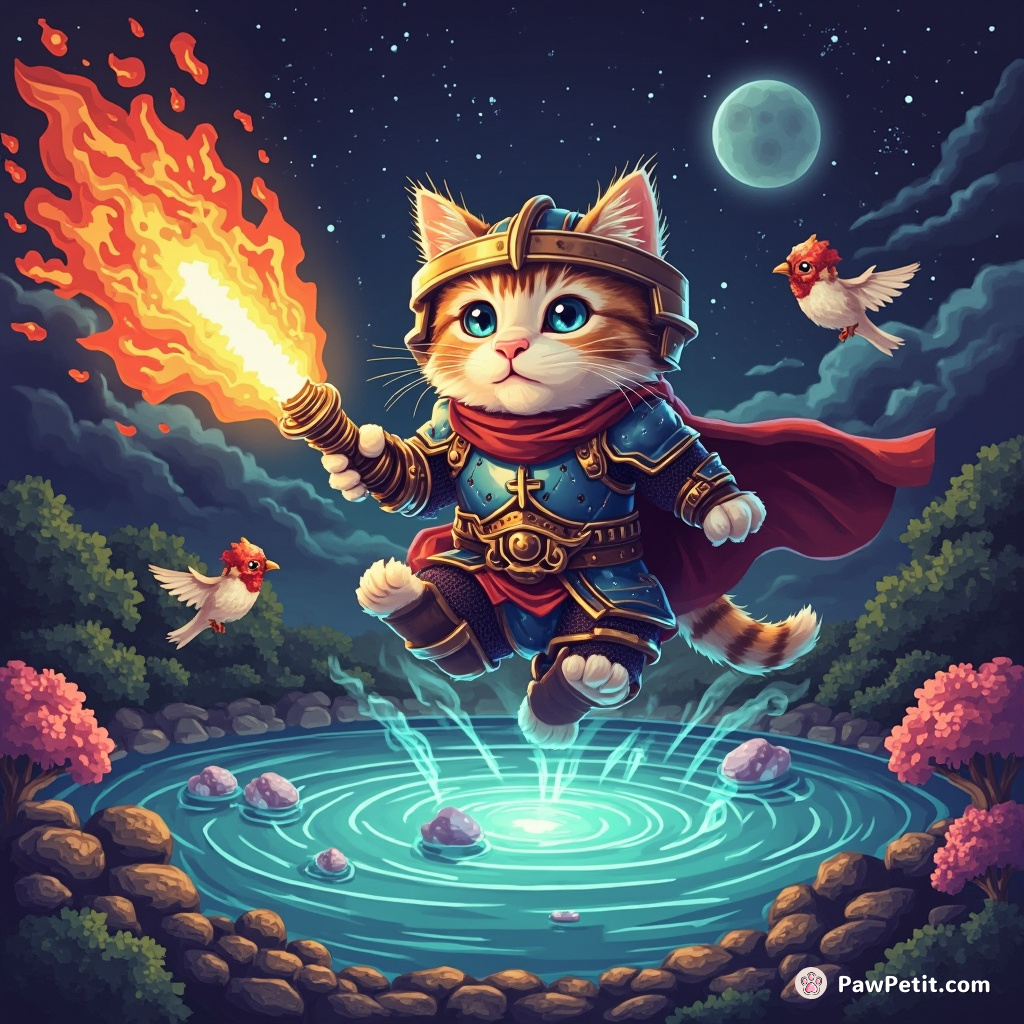 Cat levitating over a mystic pond, donning an intergalactic knight armor, battling flaming sparrows with a glowing lasagna lightsaber.