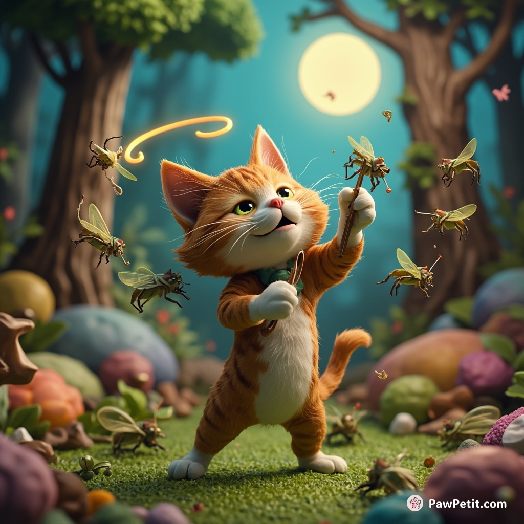A cat wildly conducting an orchestra of grasshoppers under a moon halo in a psychedelic woodland glade.
