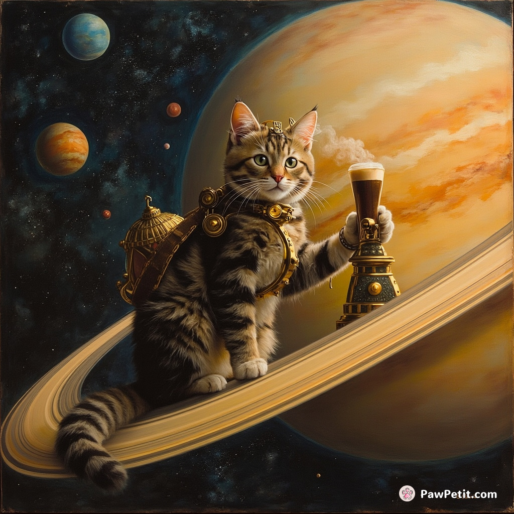 Steampunk cat using a cosmic cappuccino machine on the rings of Saturn.