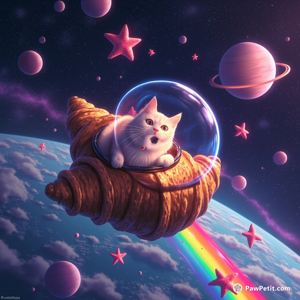 Neon cat piloting a croissant spaceship, orbiting a rainbow planet while fishing for starfish.