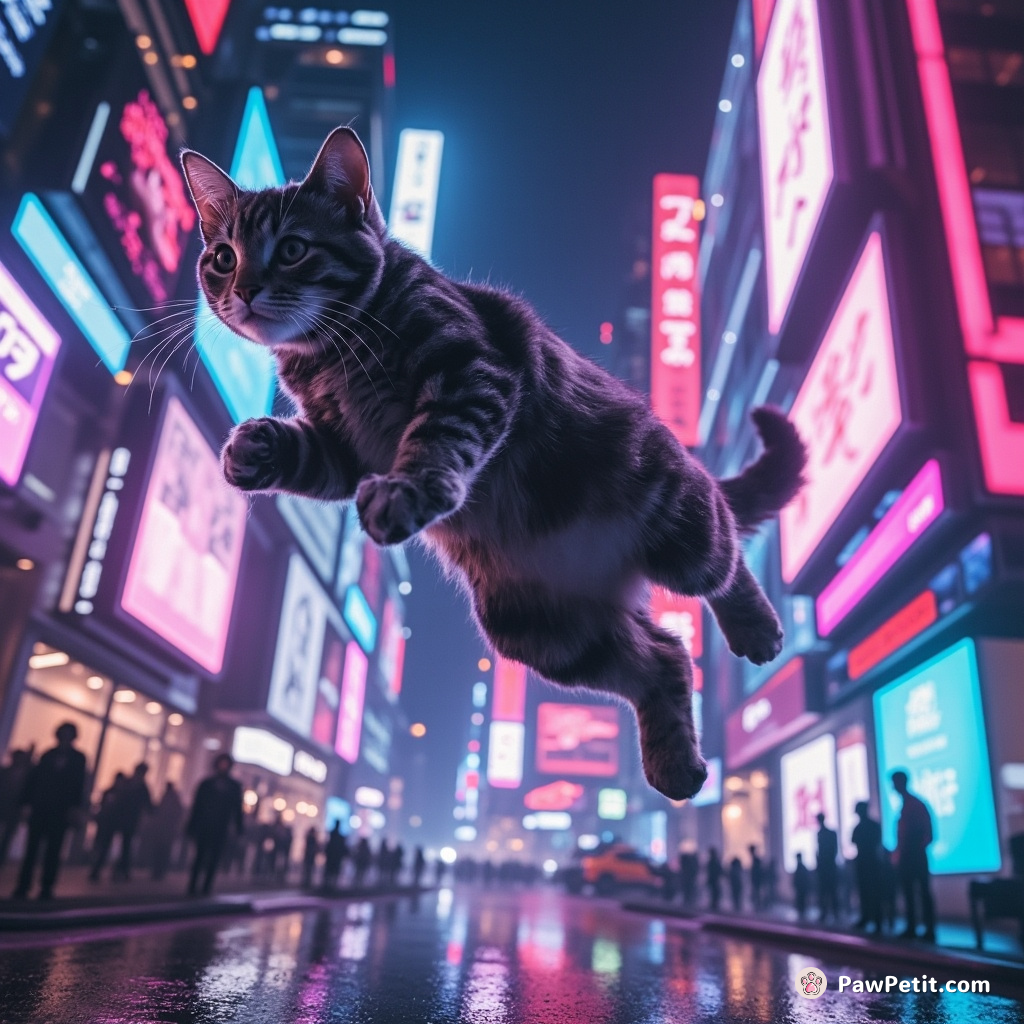 A sleek cat leaps across a neon-lit skyline, using holographic billboards as springboards in the bustling cybercity.