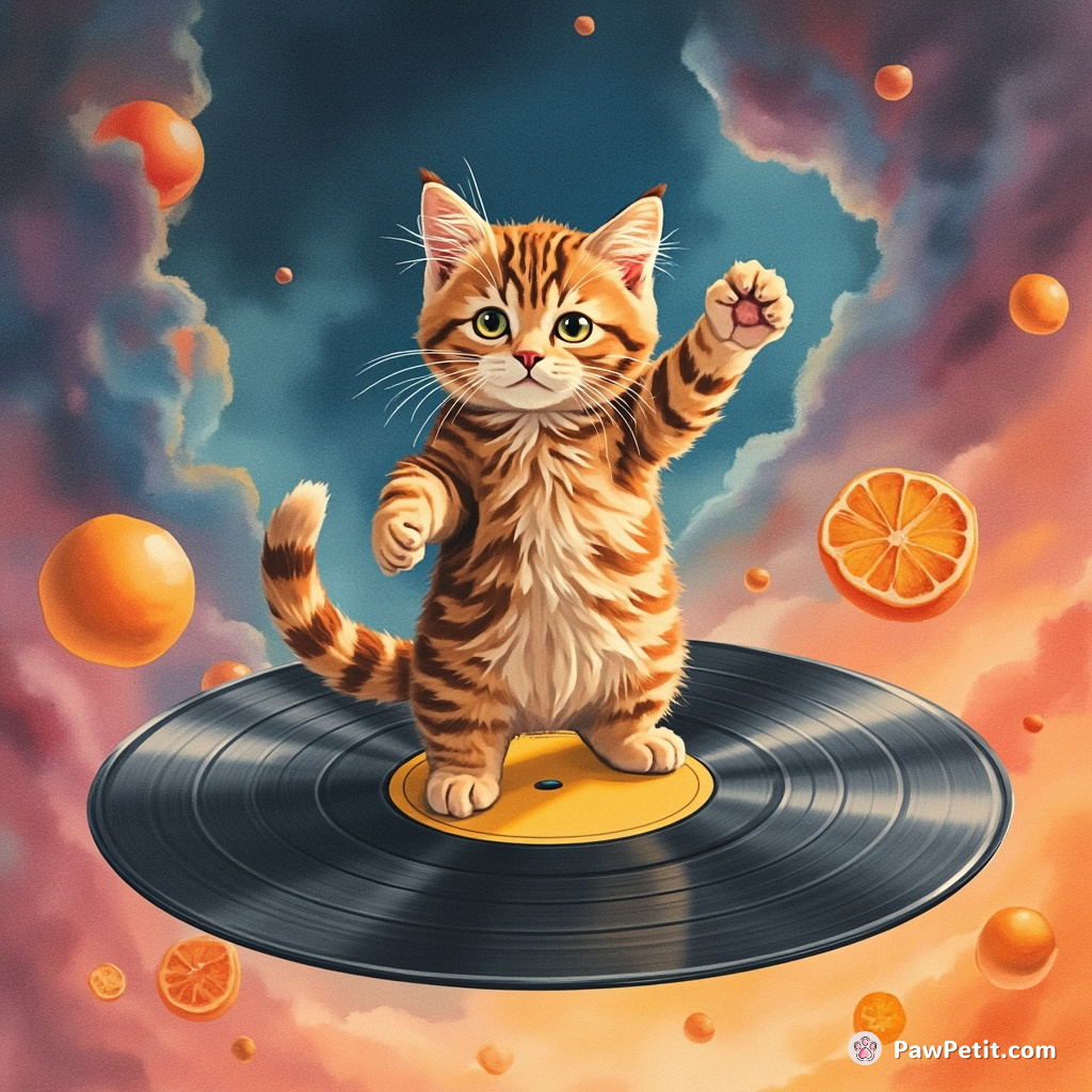 A tabby cat disco-dancing on a floating vinyl record against the backdrop of an alien citrus nebula.