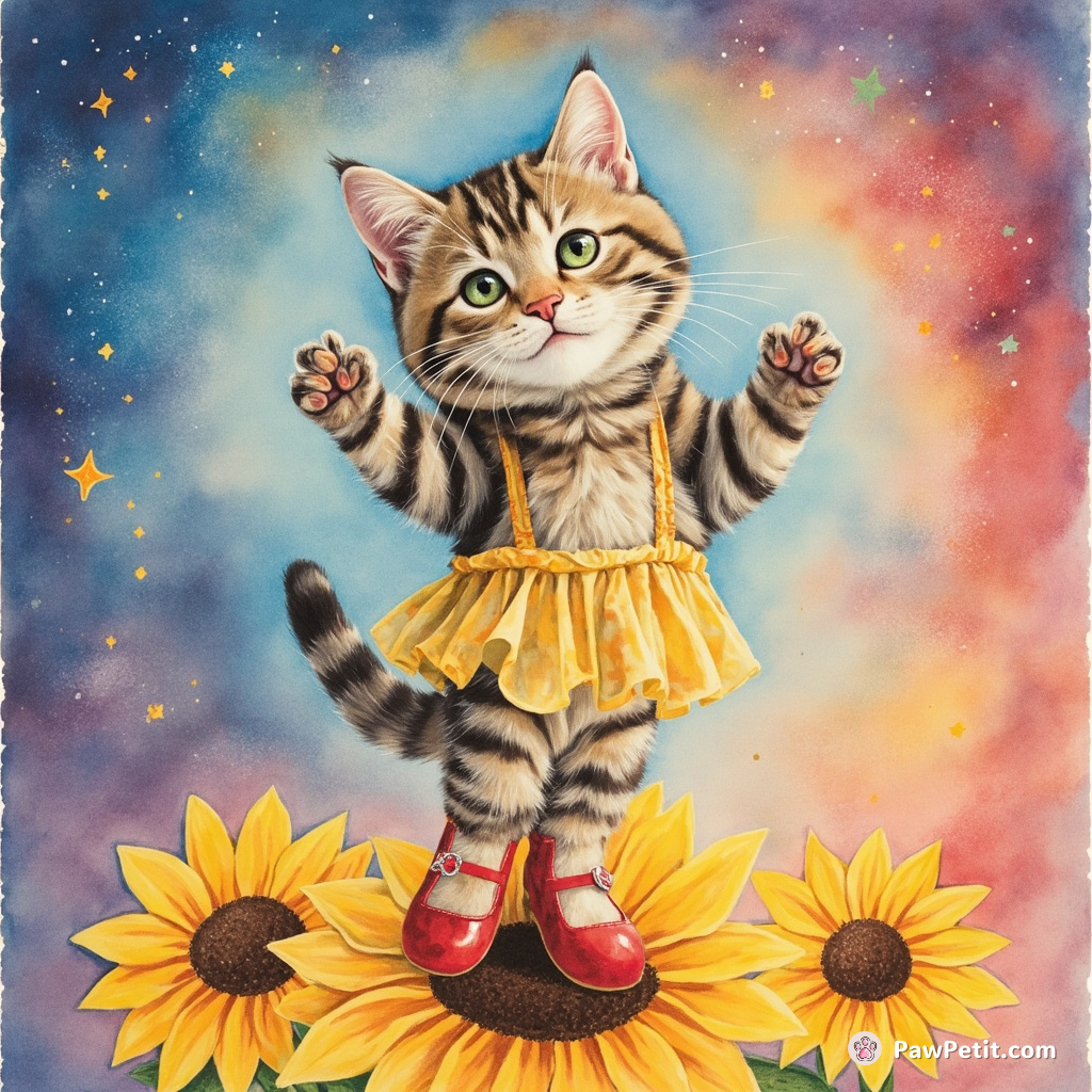 A tabby cat ballet dancing on a sunflower under an aurora, wearing oversized clown shoes.