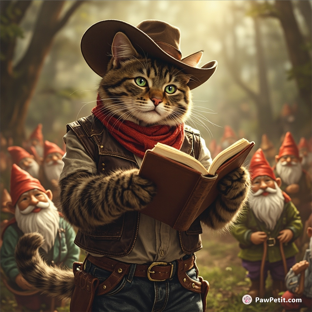 A muscular cat in cowboy outfit passionately performing slam poetry to an audience of garden gnomes.