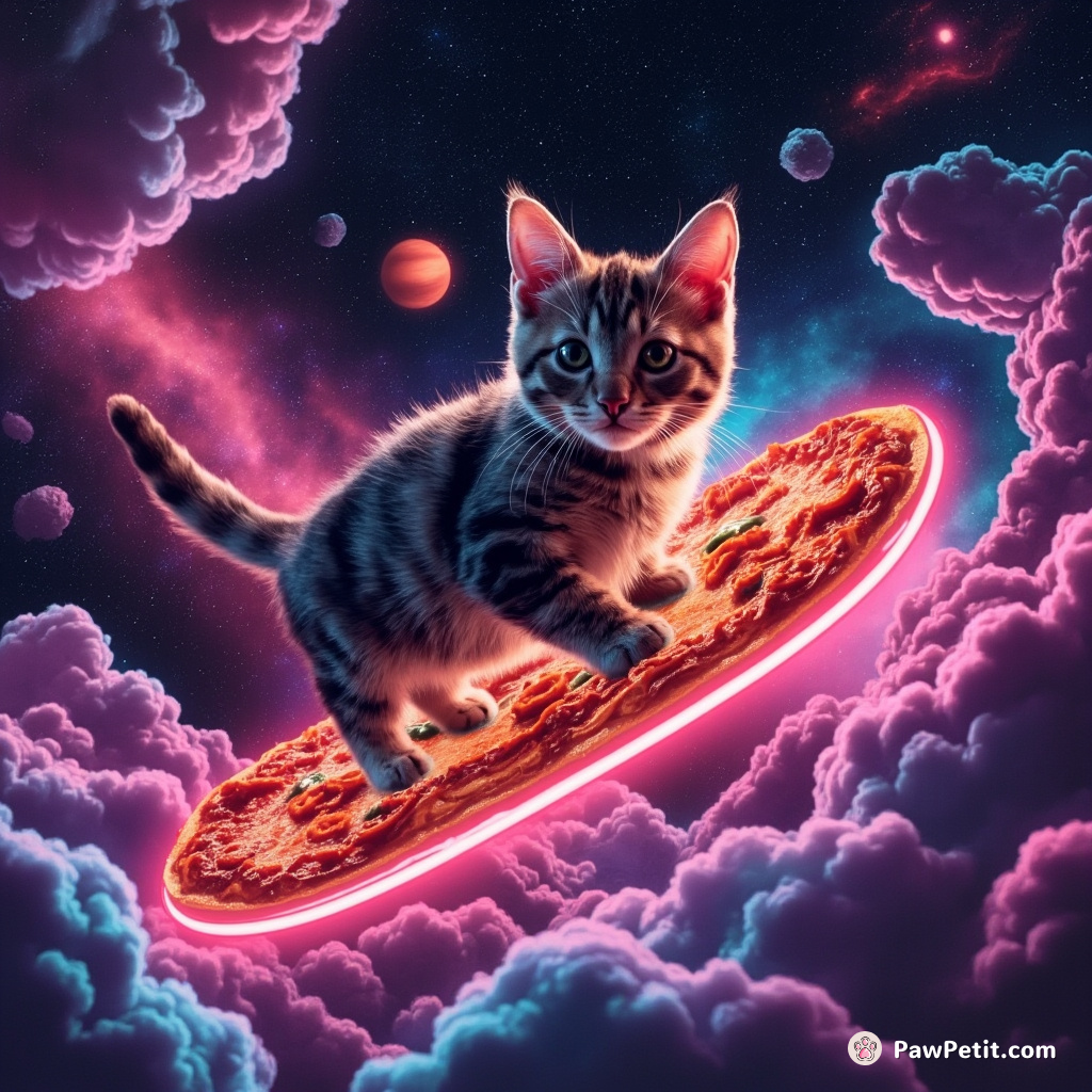 Cosmic cat surfing on a slice of neon pizza through a galaxy made of lasagna.