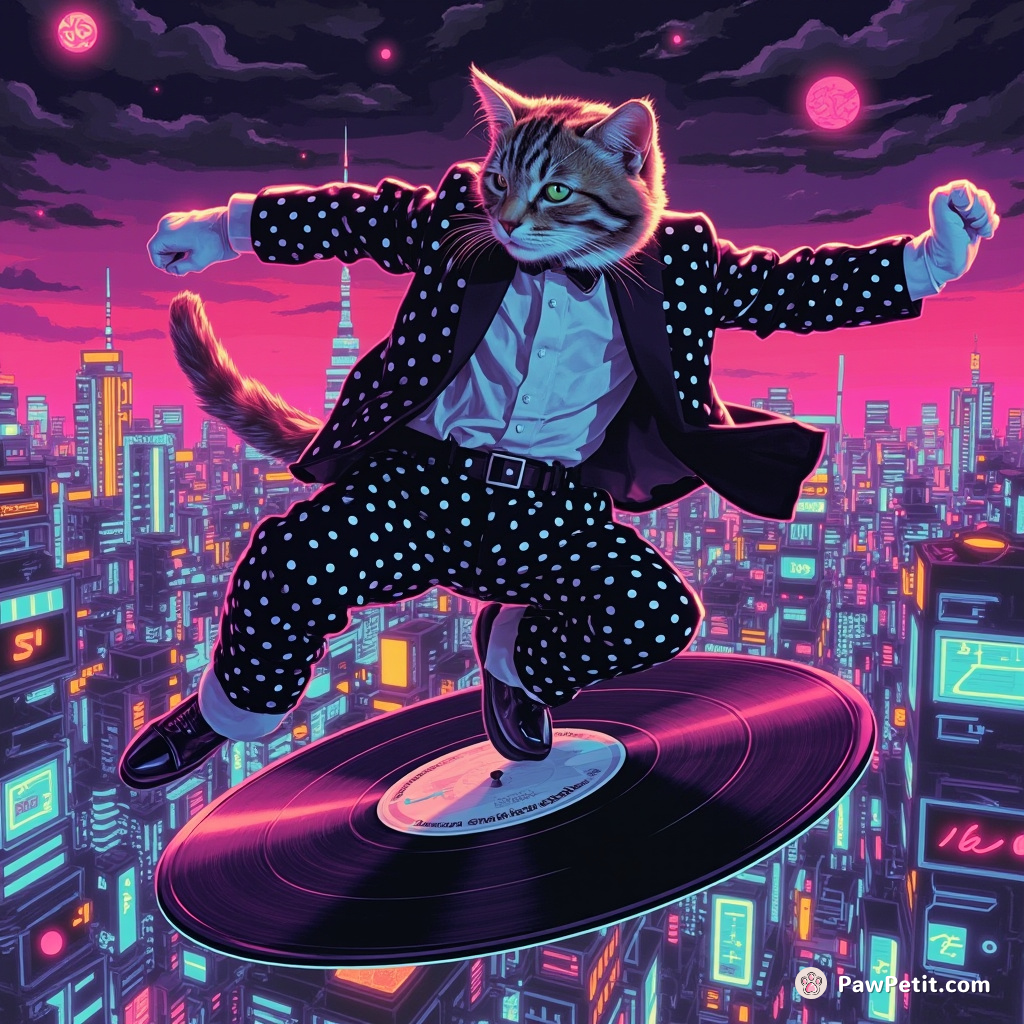 Cat in a polka dot tuxedo breakdancing on a flying vinyl record over glowing neon-drenched Tokyo skyline.