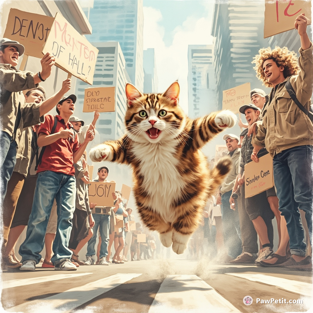 A cat leaps into a chaotic street protest, darting between signs and dodging feet, becoming the inadvertent mascot of the movement.