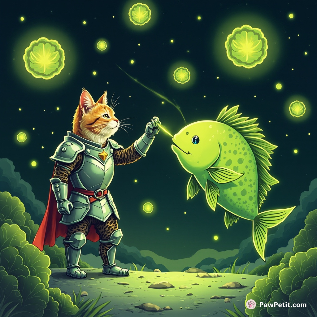 A cat knight in shiny armor high-fiving a neon-green alien fish in the middle of a cabbage meteor shower.