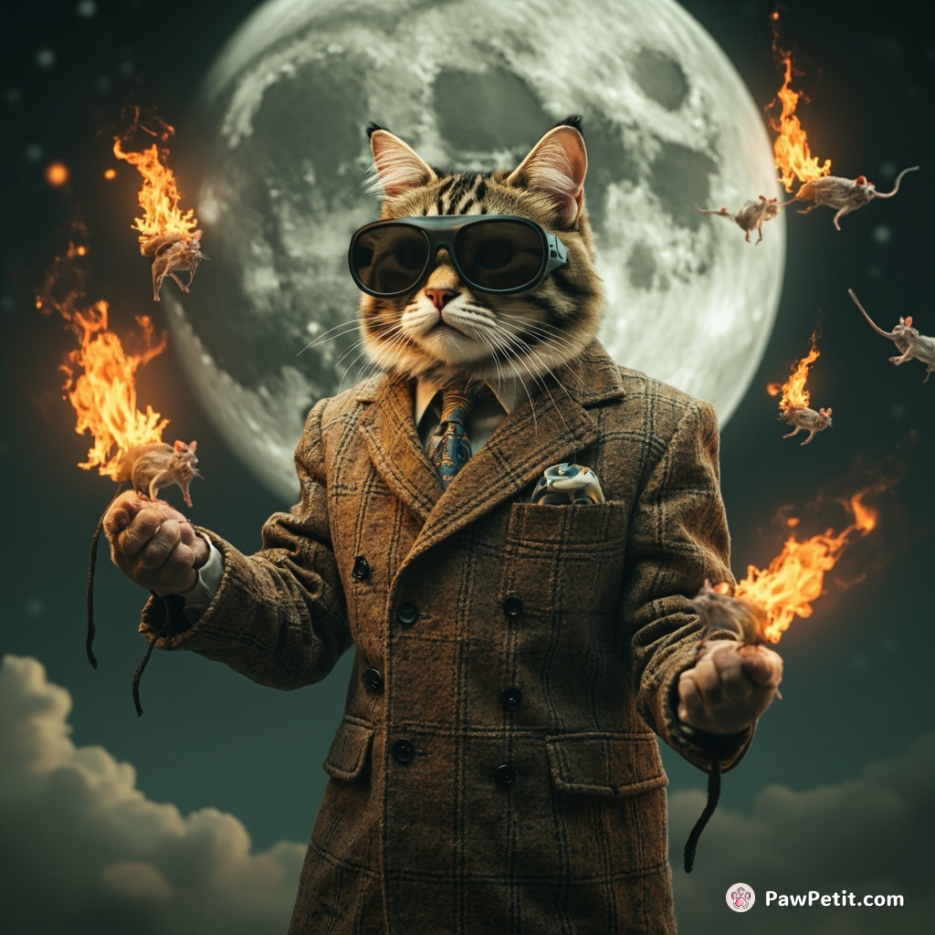 Cybernetic cat wearing a three-piece tweed suit juggling flaming mice on the moon.
