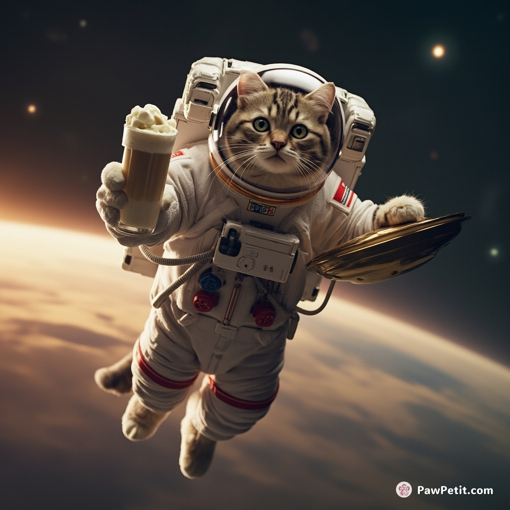 A cat wearing an astronaut suit while floating in outerspace, delicately sipping a milkshake from a gold-plated dish.