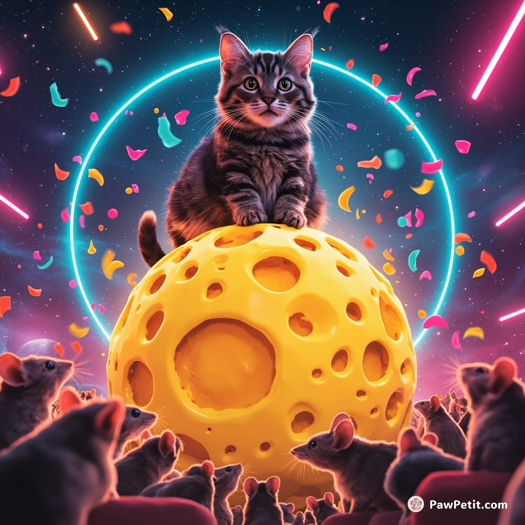 A regal cat perched atop a colossal cheese moon, crumbling it into cosmic confetti with neon claws for the intergalactic mice parade below.