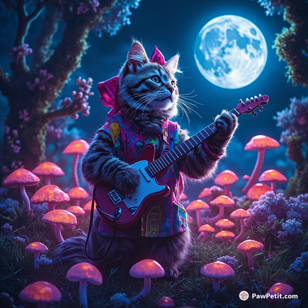 A psychedelic cat directing a symphony of mushrooms in a crystal forest under sapphire moonlight.